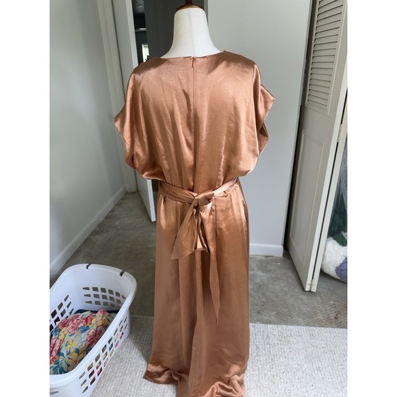 Bohme Satin Maxi Dress Copper Bronze Tie Waist Short Sleeve Medium Modest - Picture 5 of 8